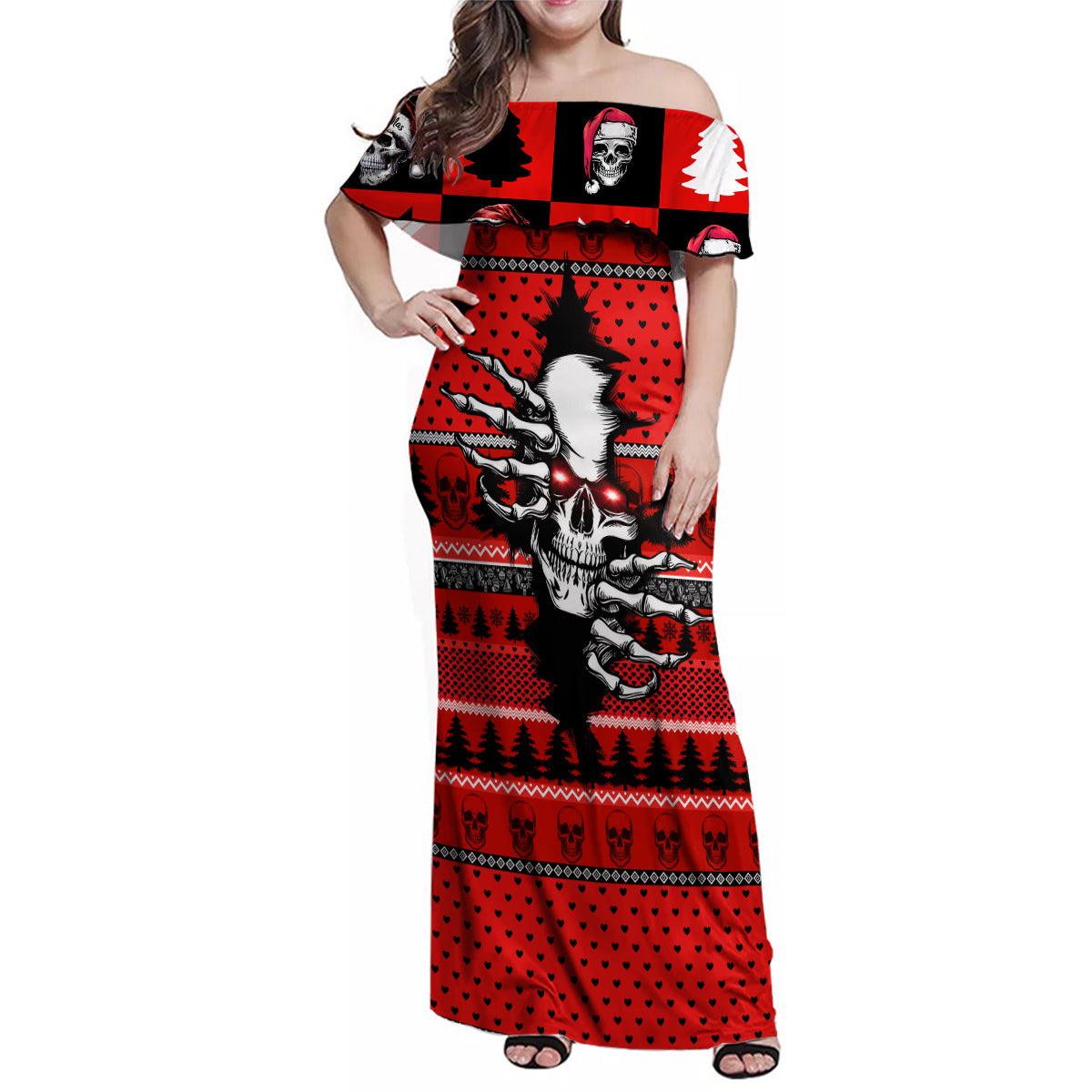 Skull Santa Family Matching Off Shoulder Maxi Dress and Hawaiian Shirt Pattern Skull Santa Ugly Christmas - Wonder Print Shop
