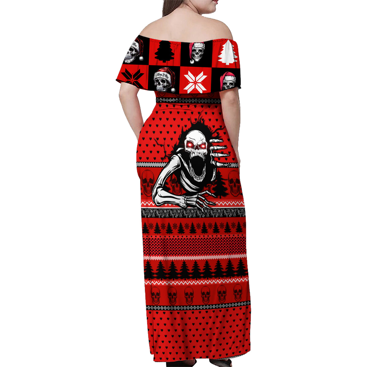 Skull Santa Family Matching Off Shoulder Maxi Dress and Hawaiian Shirt Pattern Skull Santa Ugly Christmas - Wonder Print Shop