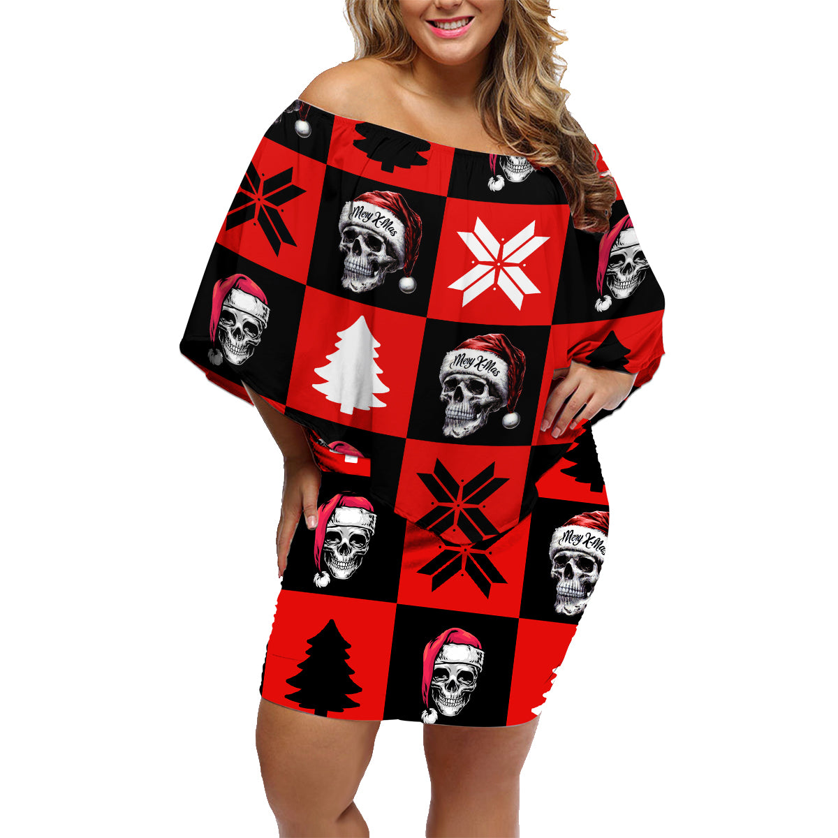 Skull Santa Family Matching Off Shoulder Short Dress and Hawaiian Shirt Pattern Skull Santa Ugly Christmas - Wonder Print Shop