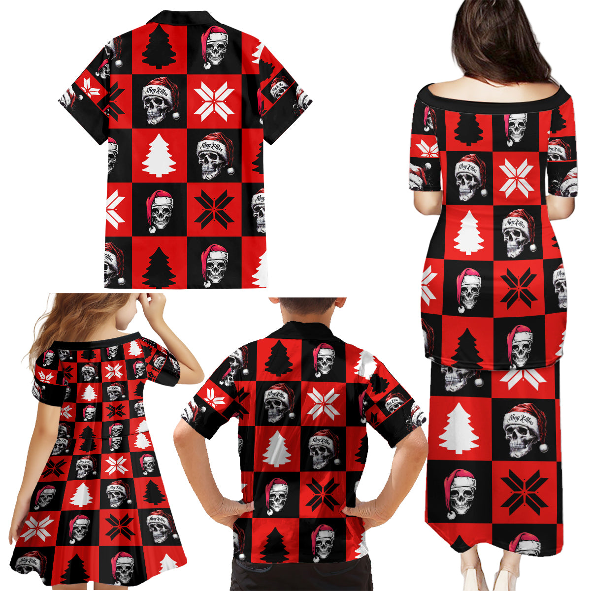 Skull Santa Family Matching Puletasi Dress and Hawaiian Shirt Pattern Skull Santa Ugly Christmas - Wonder Print Shop