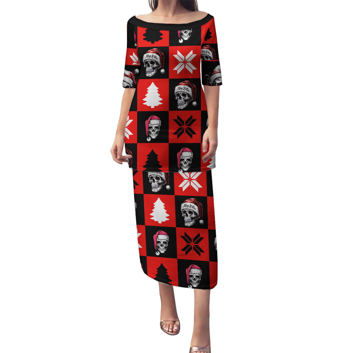Skull Santa Family Matching Puletasi Dress and Hawaiian Shirt Pattern Skull Santa Ugly Christmas - Wonder Print Shop