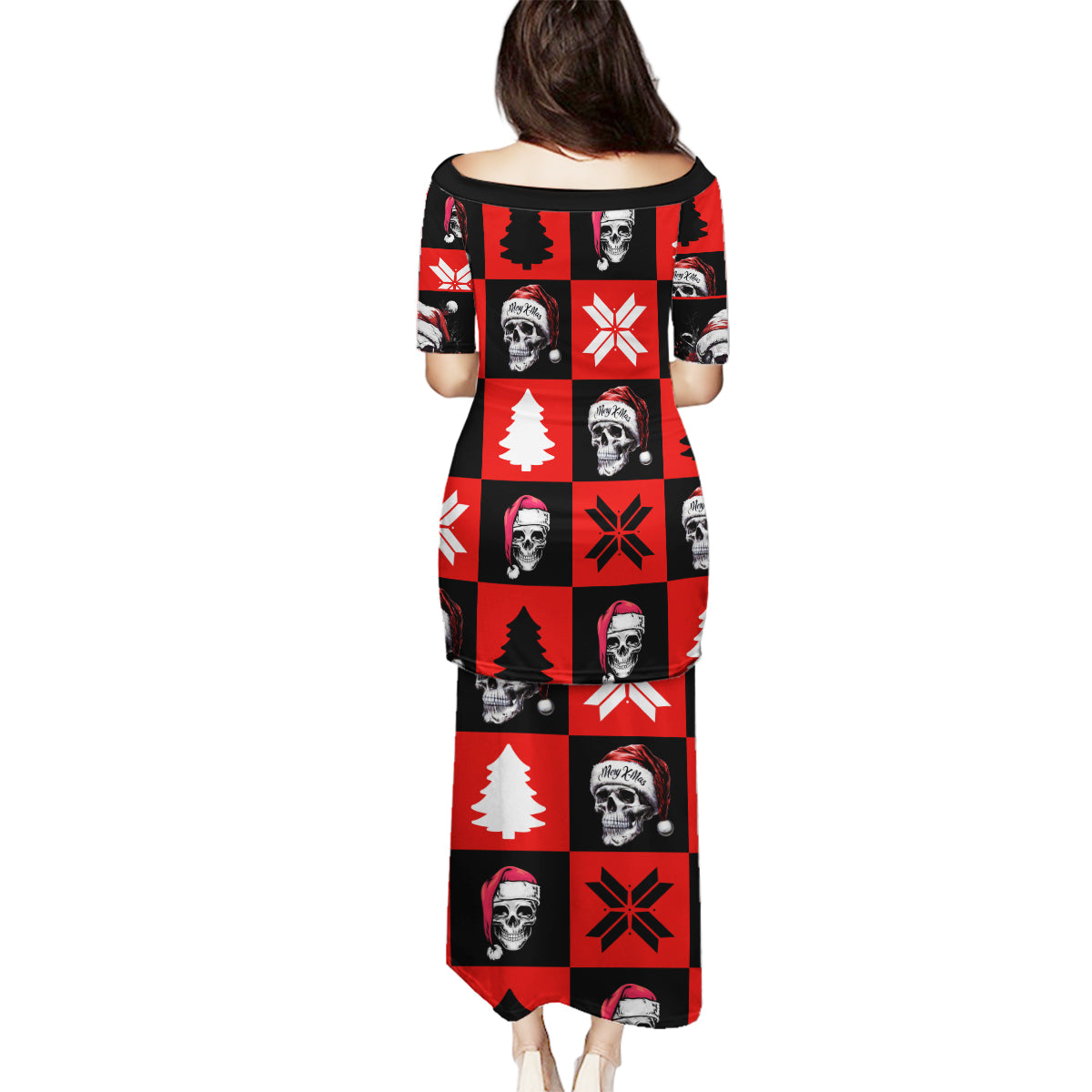 Skull Santa Family Matching Puletasi Dress and Hawaiian Shirt Pattern Skull Santa Ugly Christmas - Wonder Print Shop