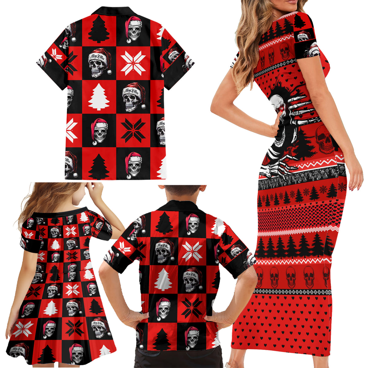 Skull Santa Family Matching Short Sleeve Bodycon Dress and Hawaiian Shirt Pattern Skull Santa Ugly Christmas - Wonder Print Shop