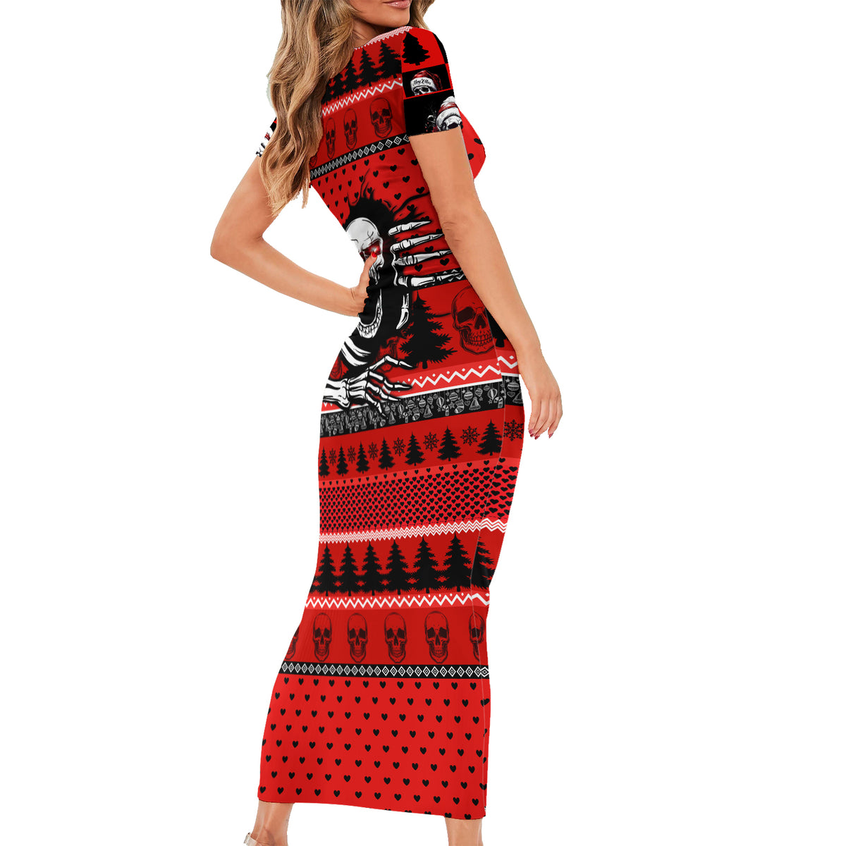 Skull Santa Family Matching Short Sleeve Bodycon Dress and Hawaiian Shirt Pattern Skull Santa Ugly Christmas - Wonder Print Shop