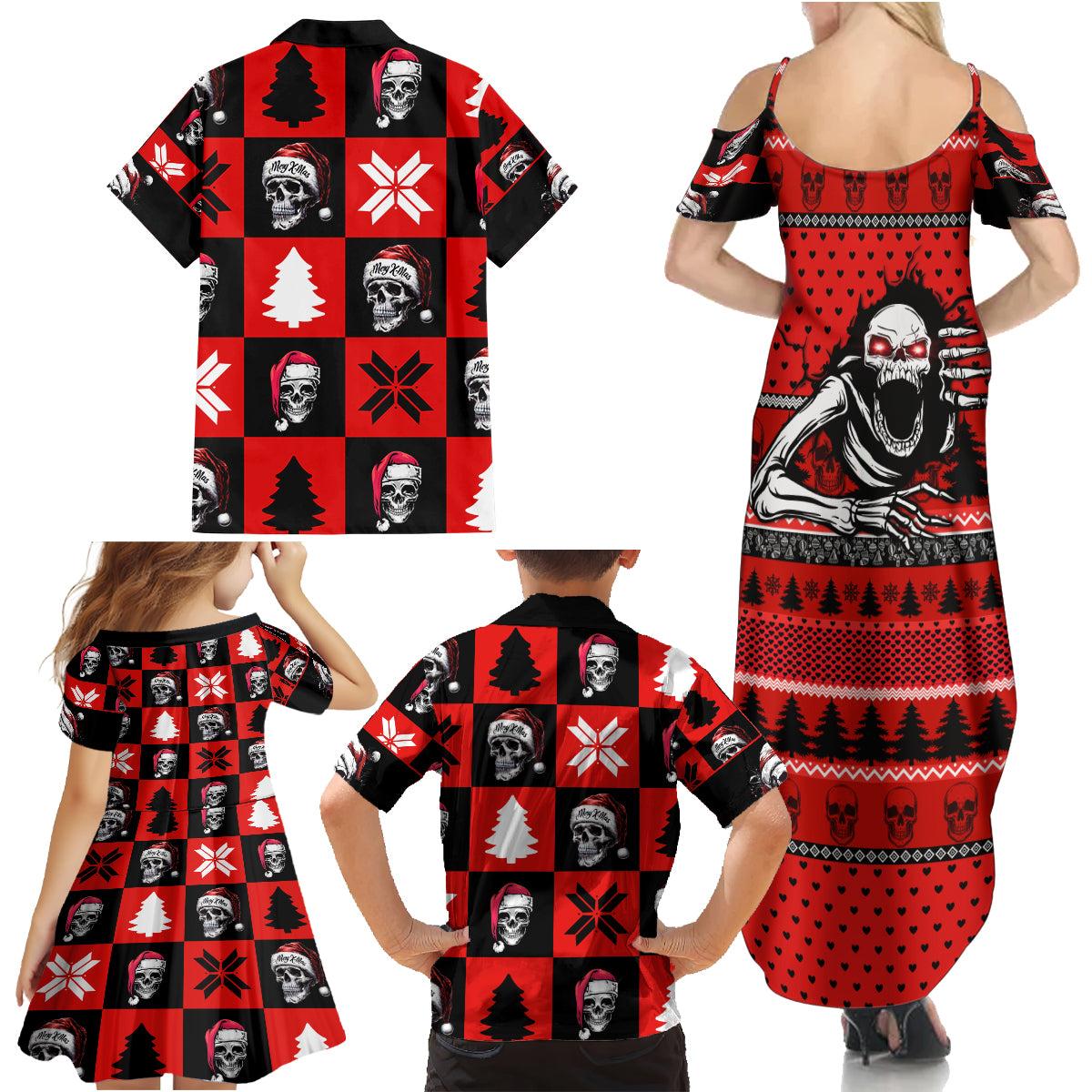 Skull Santa Family Matching Summer Maxi Dress and Hawaiian Shirt Pattern Skull Santa Ugly Christmas - Wonder Print Shop