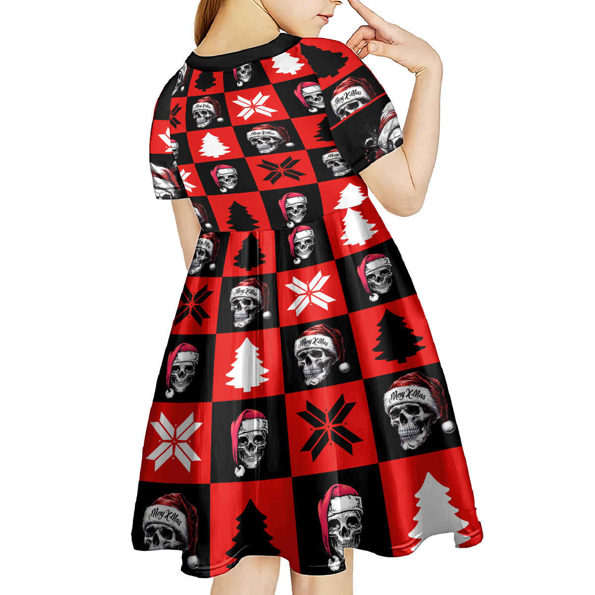 Skull Santa Kid Short Sleeve Dress Pattern Skull Santa Ugly Christmas - Wonder Print Shop