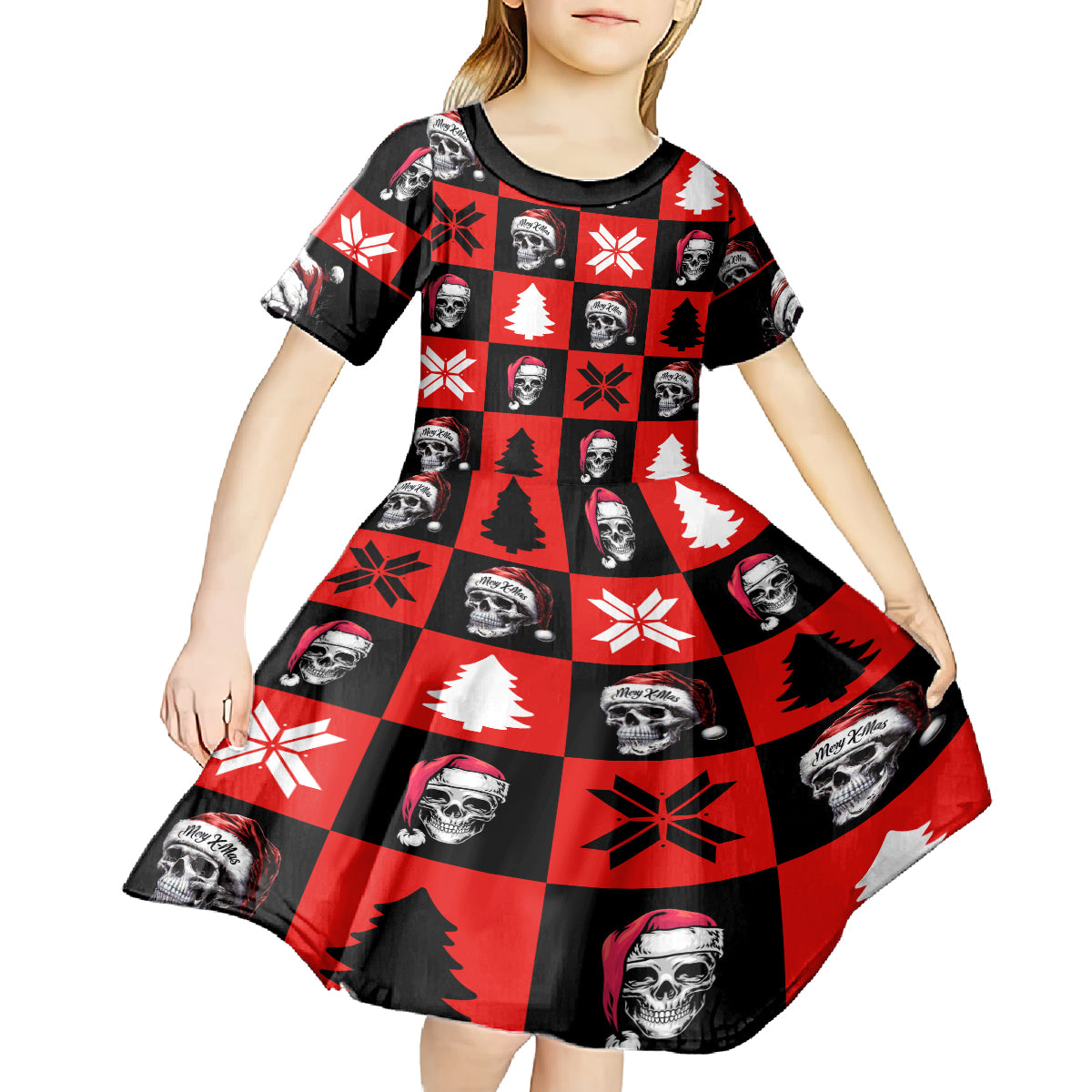 Skull Santa Kid Short Sleeve Dress Pattern Skull Santa Ugly Christmas - Wonder Print Shop