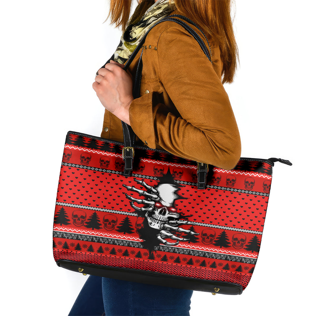 Skull Santa Leather Tote Bag Pattern Skull Santa Ugly Christmas - Wonder Print Shop