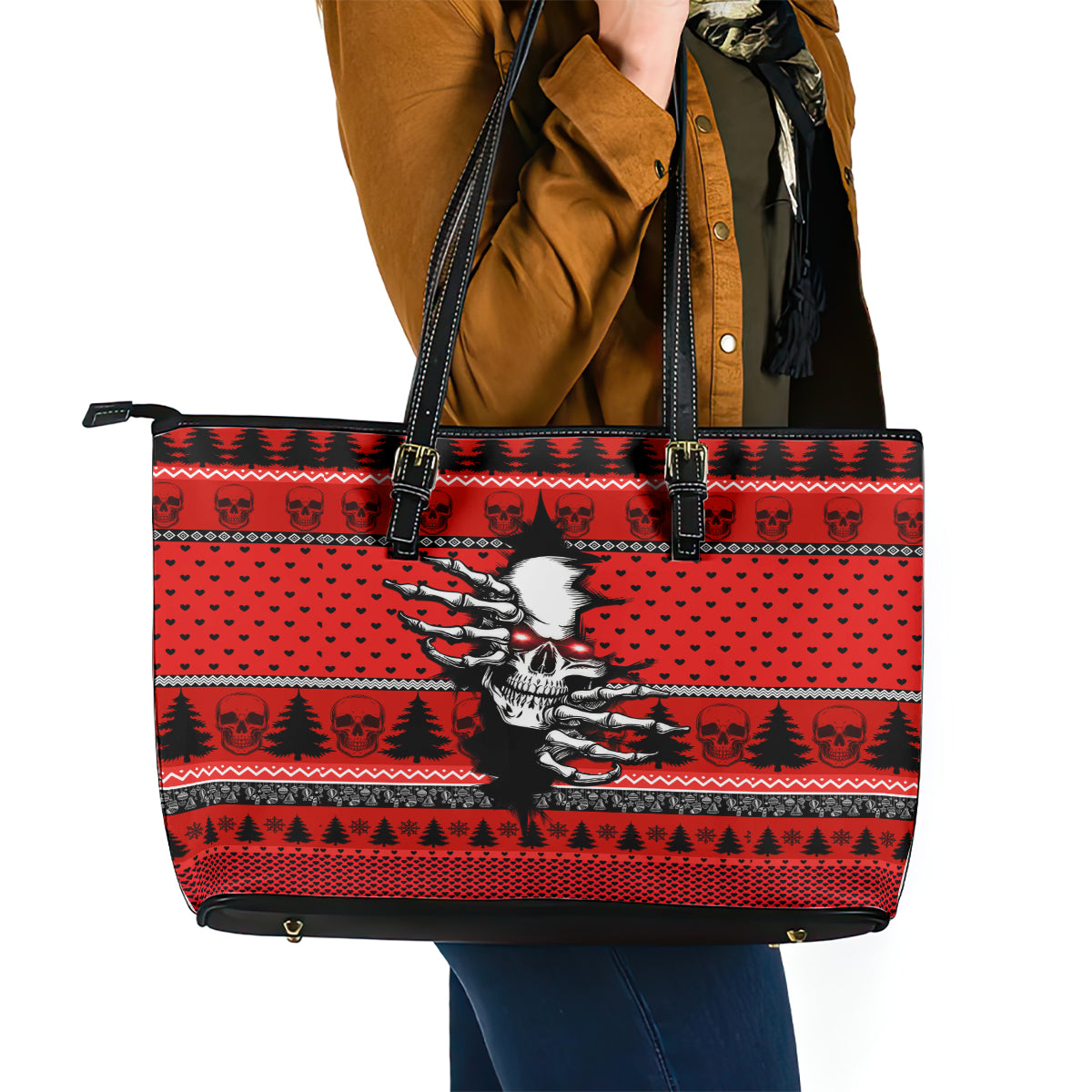 Skull Santa Leather Tote Bag Pattern Skull Santa Ugly Christmas - Wonder Print Shop