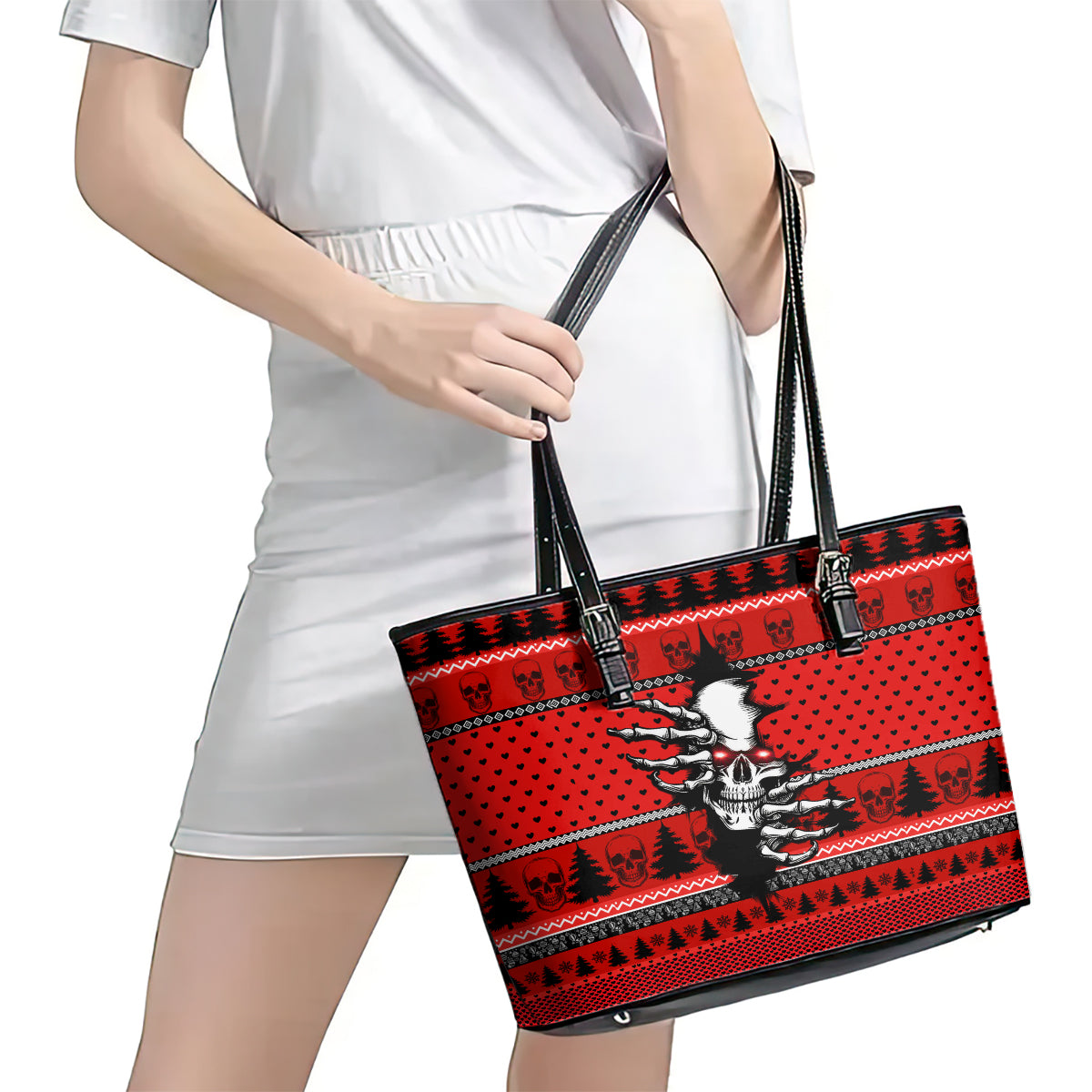 Skull Santa Leather Tote Bag Pattern Skull Santa Ugly Christmas - Wonder Print Shop