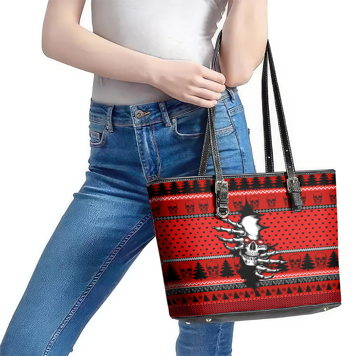Skull Santa Leather Tote Bag Pattern Skull Santa Ugly Christmas - Wonder Print Shop