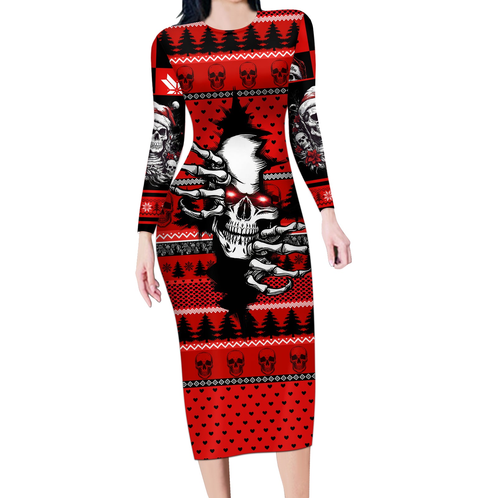 Skull Santa Long Sleeve Bodycon Dress Pattern Skull Santa Ugly Christmas - Wonder Print Shop