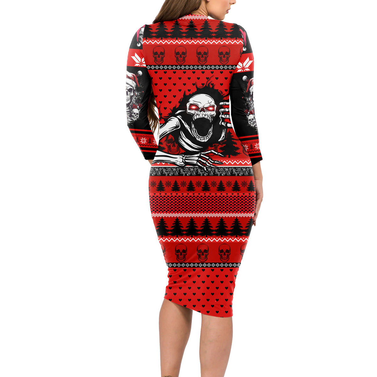 Skull Santa Long Sleeve Bodycon Dress Pattern Skull Santa Ugly Christmas - Wonder Print Shop