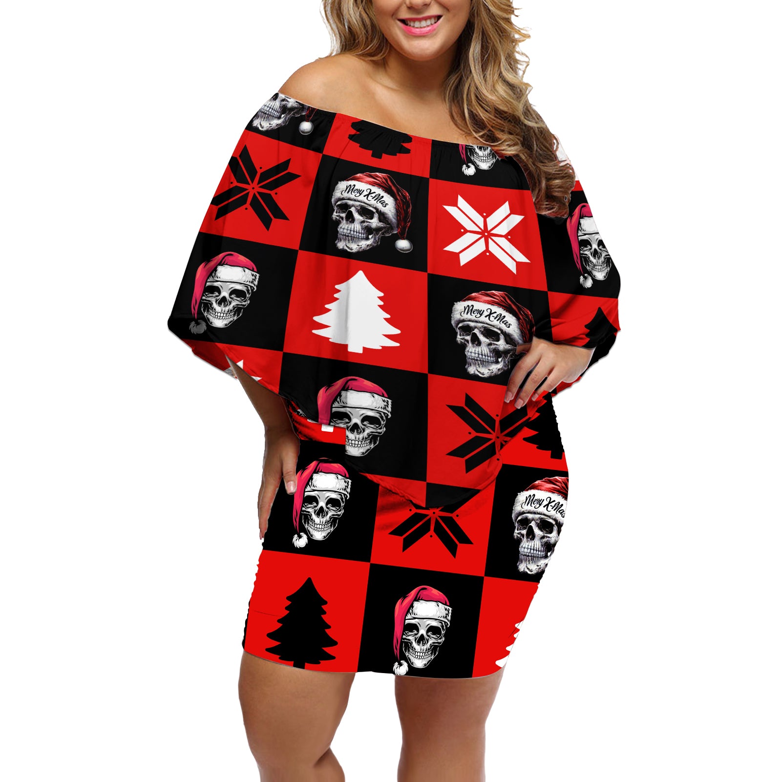 Skull Santa Off Shoulder Short Dress Pattern Skull Santa Ugly Christmas - Wonder Print Shop