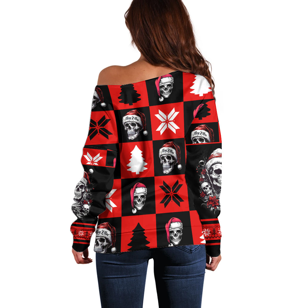Skull Santa Off Shoulder Sweater Pattern Skull Santa Ugly Christmas - Wonder Print Shop