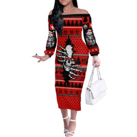 Skull Santa Off The Shoulder Long Sleeve Dress Pattern Skull Santa Ugly Christmas - Wonder Print Shop