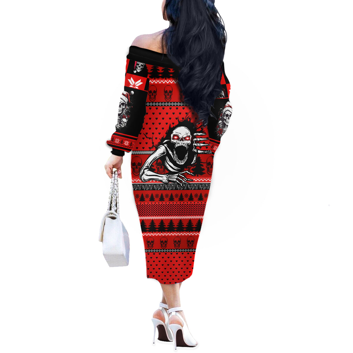Skull Santa Off The Shoulder Long Sleeve Dress Pattern Skull Santa Ugly Christmas - Wonder Print Shop