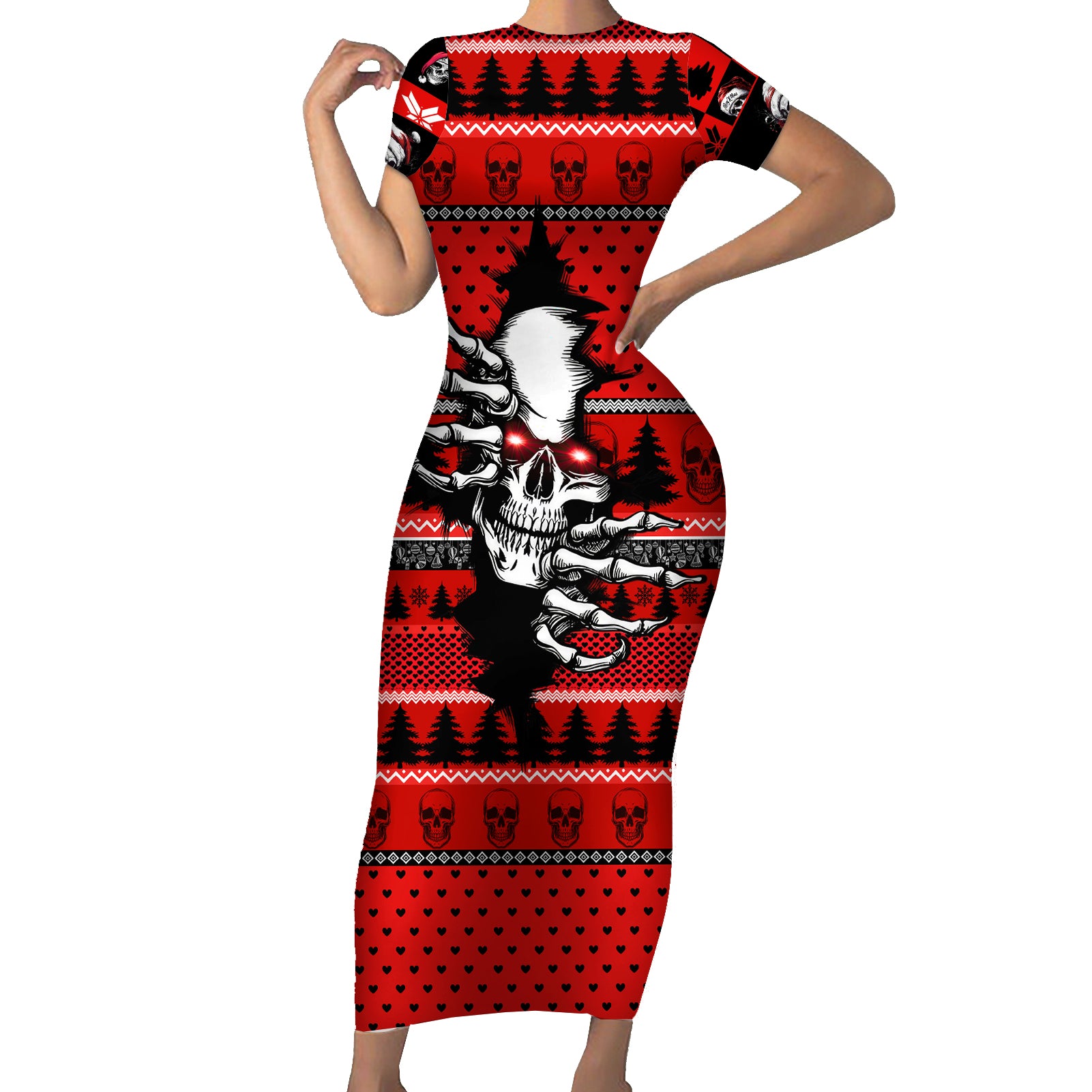 Skull Santa Short Sleeve Bodycon Dress Pattern Skull Santa Ugly Christmas - Wonder Print Shop
