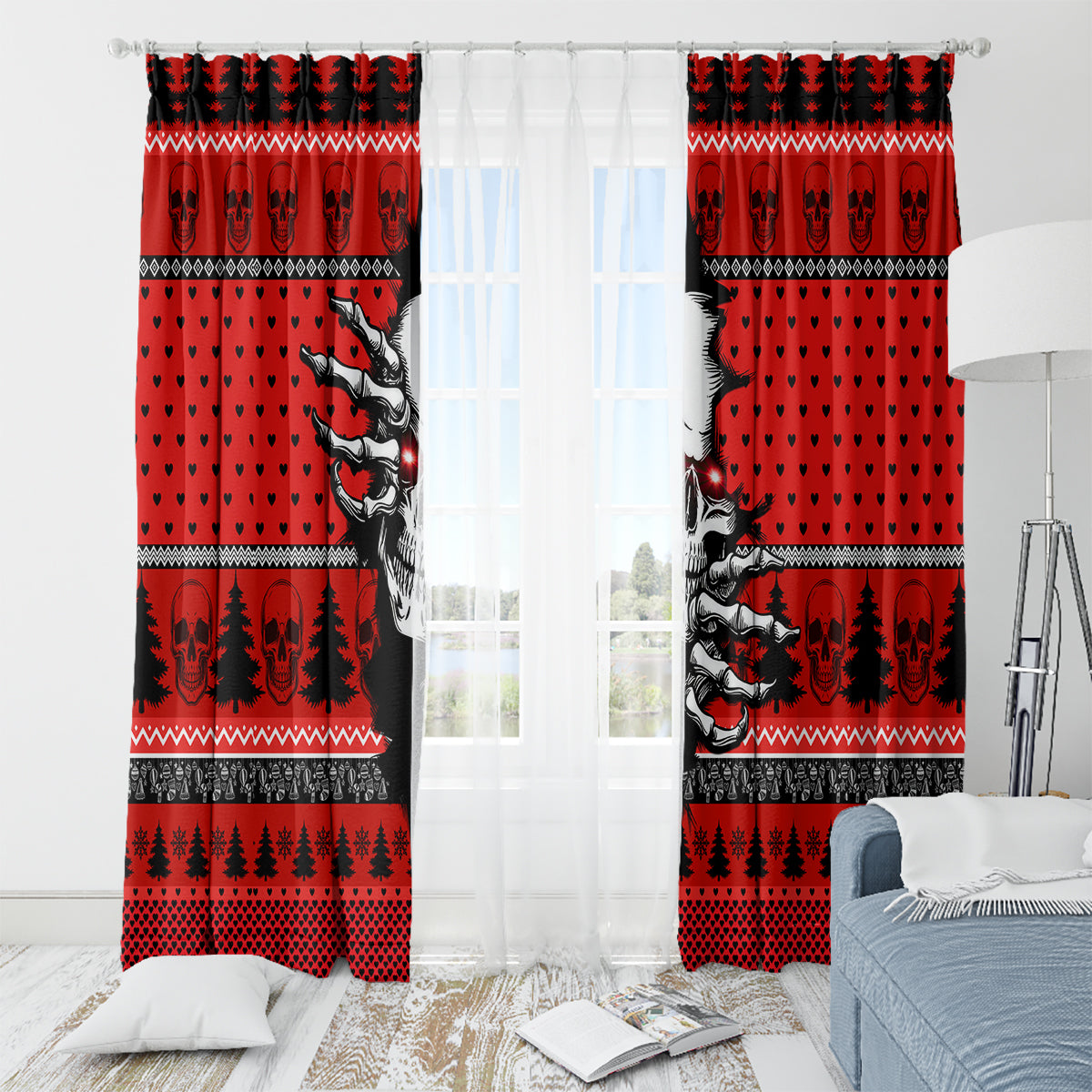 Skull Santa Window Curtain Pattern Skull Santa Ugly Christmas - Wonder Print Shop
