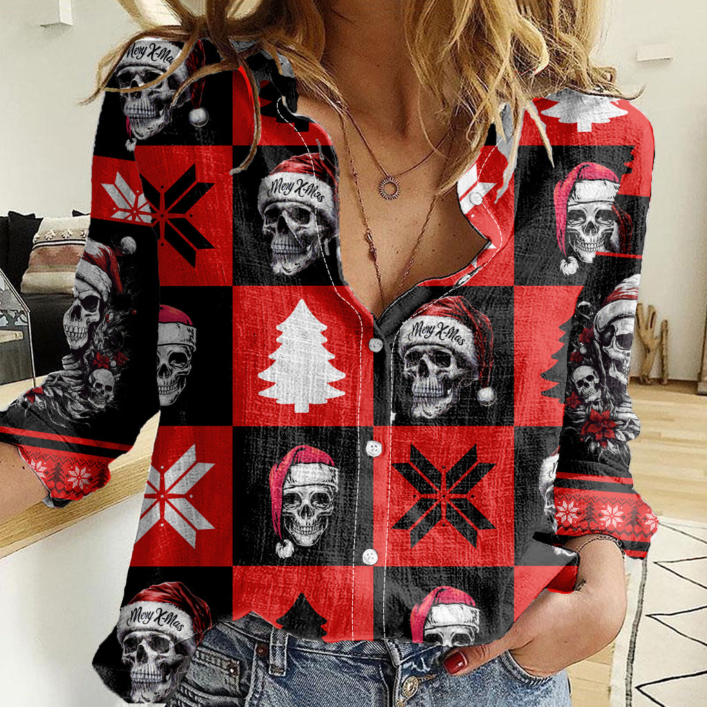 Skull Santa Women Casual Shirt Pattern Skull Santa Ugly Christmas - Wonder Print Shop