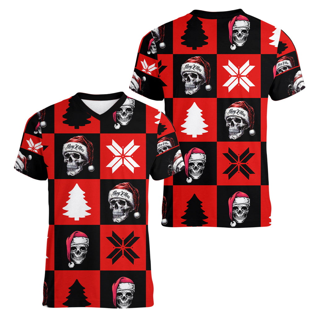 Skull Santa Women V Neck T Shirt Pattern Skull Santa Ugly Christmas - Wonder Print Shop
