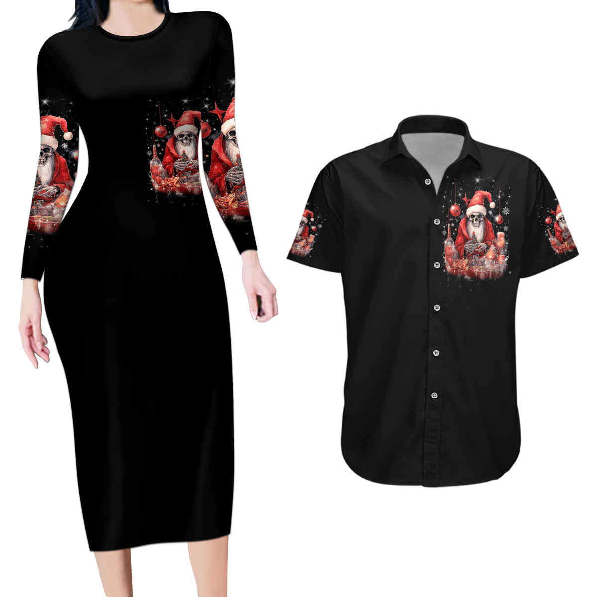 Skull Santa Claus Couples Matching Long Sleeve Bodycon Dress and Hawaiian Shirt Every One Has A Dark Side Difference Is The Degree Of Darkness - Wonder Print Shop