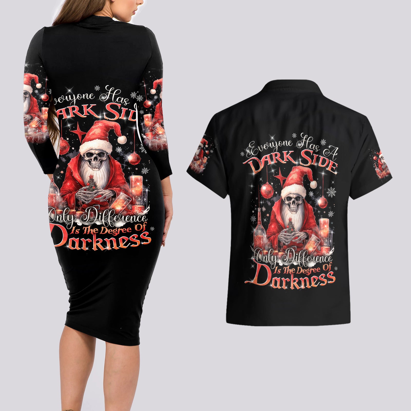 Skull Santa Claus Couples Matching Long Sleeve Bodycon Dress and Hawaiian Shirt Every One Has A Dark Side Difference Is The Degree Of Darkness - Wonder Print Shop