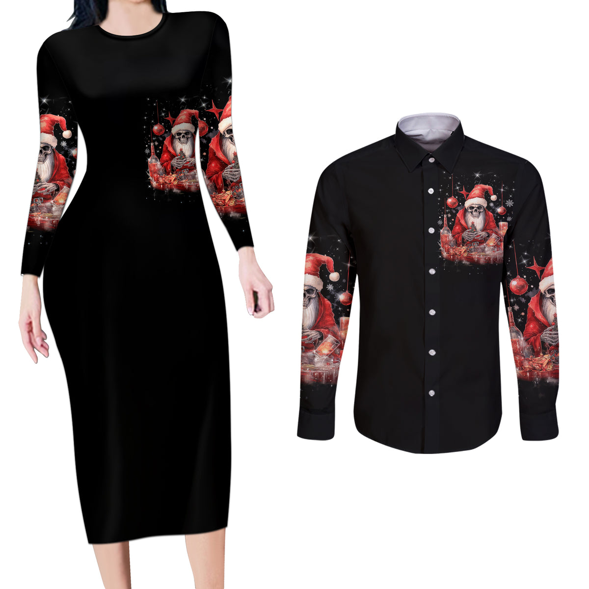 Skull Santa Claus Couples Matching Long Sleeve Bodycon Dress and Long Sleeve Button Shirt Every One Has A Dark Side Difference Is The Degree Of Darkness - Wonder Print Shop