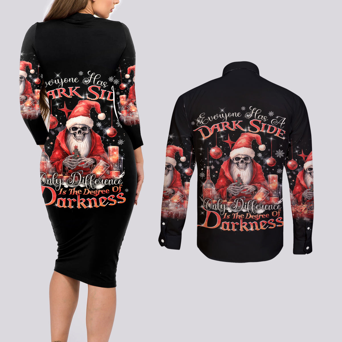 Skull Santa Claus Couples Matching Long Sleeve Bodycon Dress and Long Sleeve Button Shirt Every One Has A Dark Side Difference Is The Degree Of Darkness - Wonder Print Shop