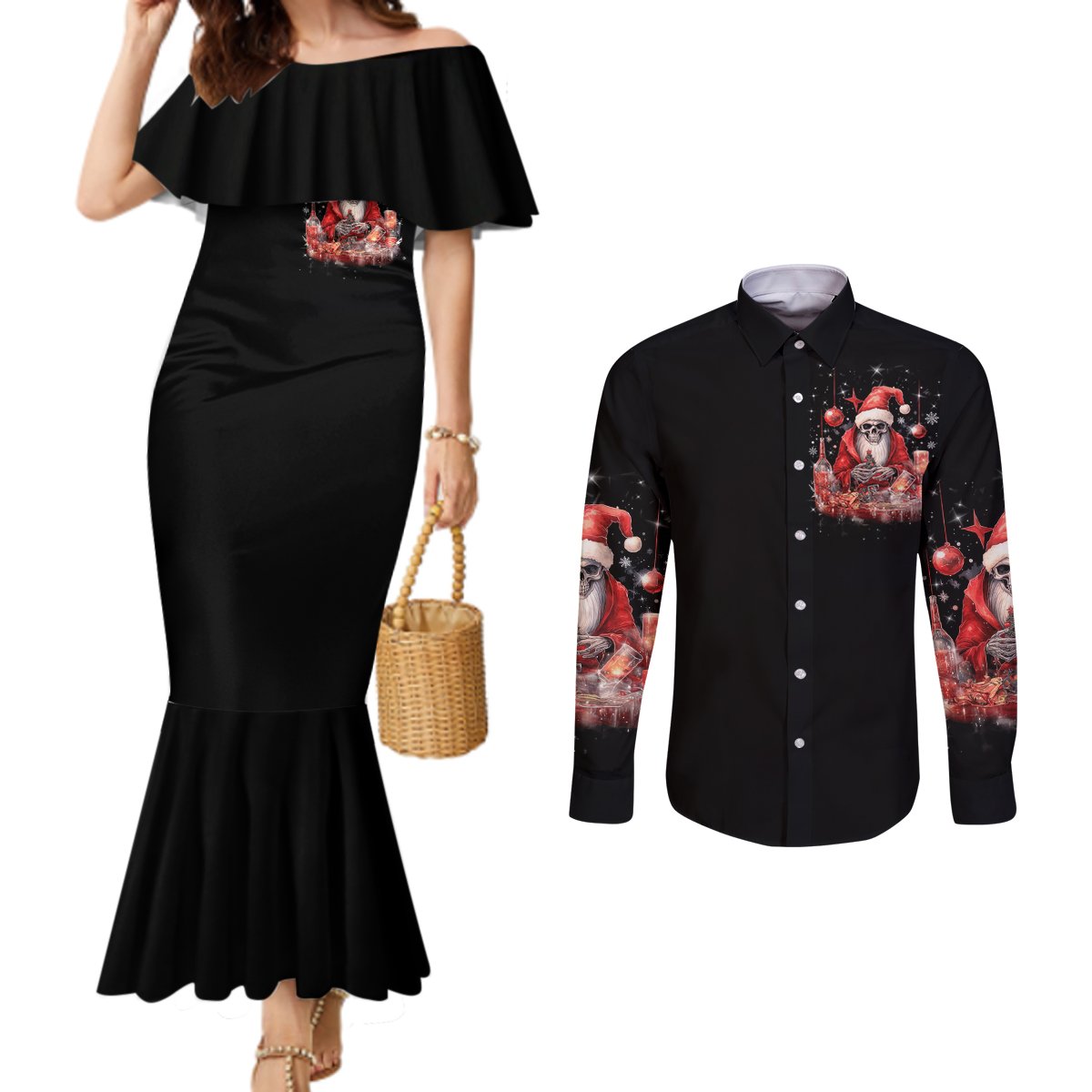 skull-santa-claus-couples-matching-mermaid-dress-and-long-sleeve-button-shirt-every-one-has-a-dark-side-difference-is-the-degree-of-darkness