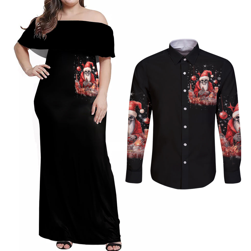 Skull Santa Claus Couples Matching Off Shoulder Maxi Dress and Long Sleeve Button Shirt Every One Has A Dark Side Difference Is The Degree Of Darkness - Wonder Print Shop