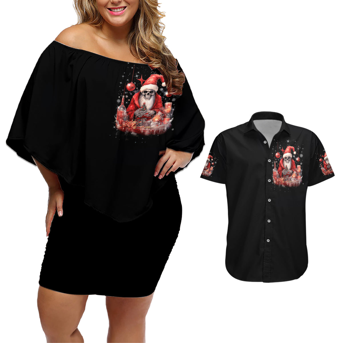 Skull Santa Claus Couples Matching Off Shoulder Short Dress and Hawaiian Shirt Every One Has A Dark Side Difference Is The Degree Of Darkness - Wonder Print Shop