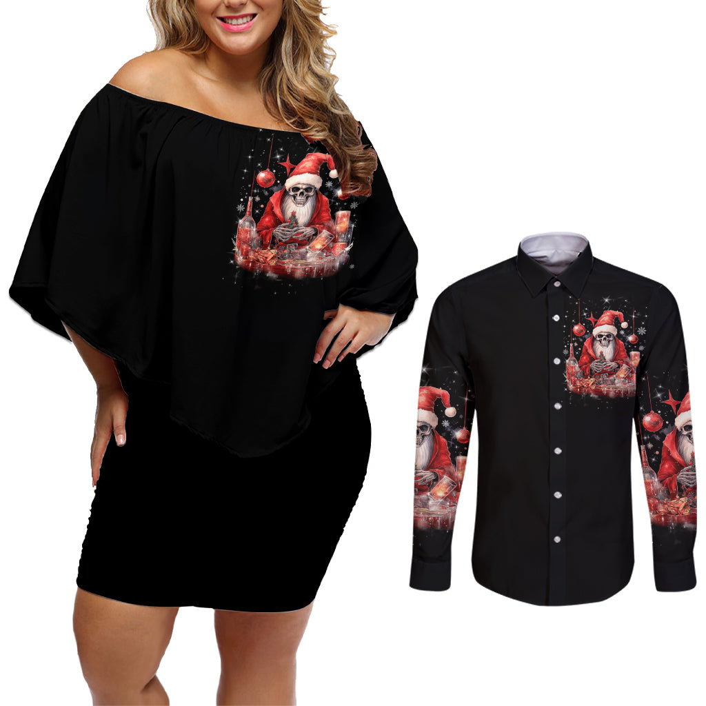 Skull Santa Claus Couples Matching Off Shoulder Short Dress and Long Sleeve Button Shirt Every One Has A Dark Side Difference Is The Degree Of Darkness - Wonder Print Shop