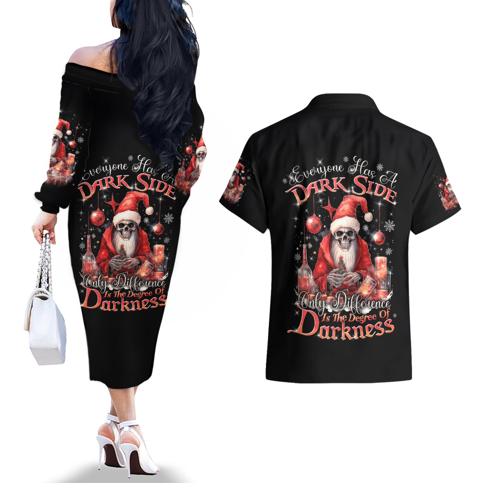 Skull Santa Claus Couples Matching Off The Shoulder Long Sleeve Dress and Hawaiian Shirt Every One Has A Dark Side Difference Is The Degree Of Darkness - Wonder Print Shop