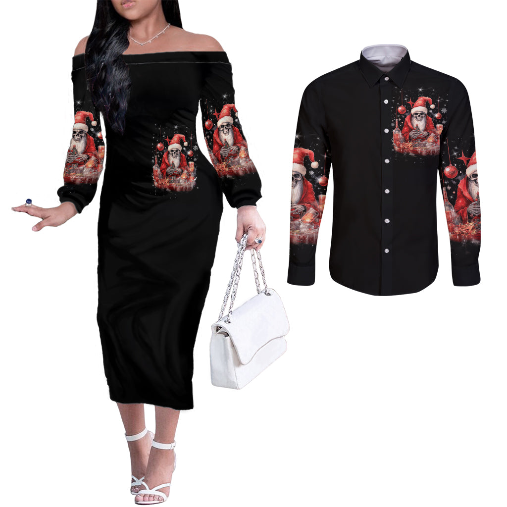 skull-santa-claus-couples-matching-off-the-shoulder-long-sleeve-dress-and-long-sleeve-button-shirt-every-one-has-a-dark-side-difference-is-the-degree-of-darkness