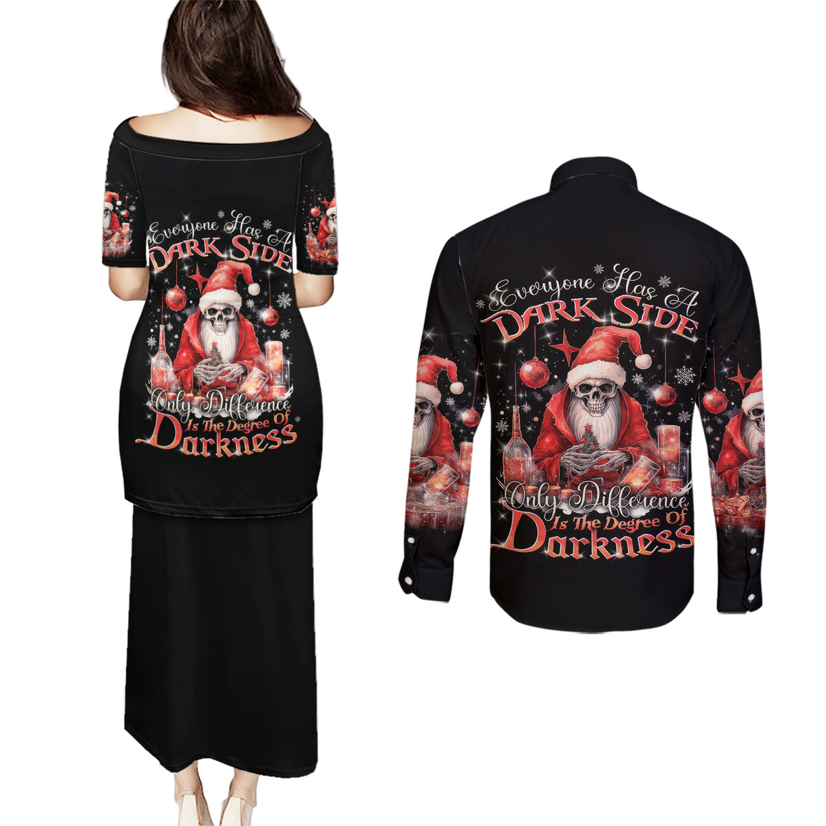 Skull Santa Claus Couples Matching Puletasi Dress and Long Sleeve Button Shirt Every One Has A Dark Side Difference Is The Degree Of Darkness - Wonder Print Shop