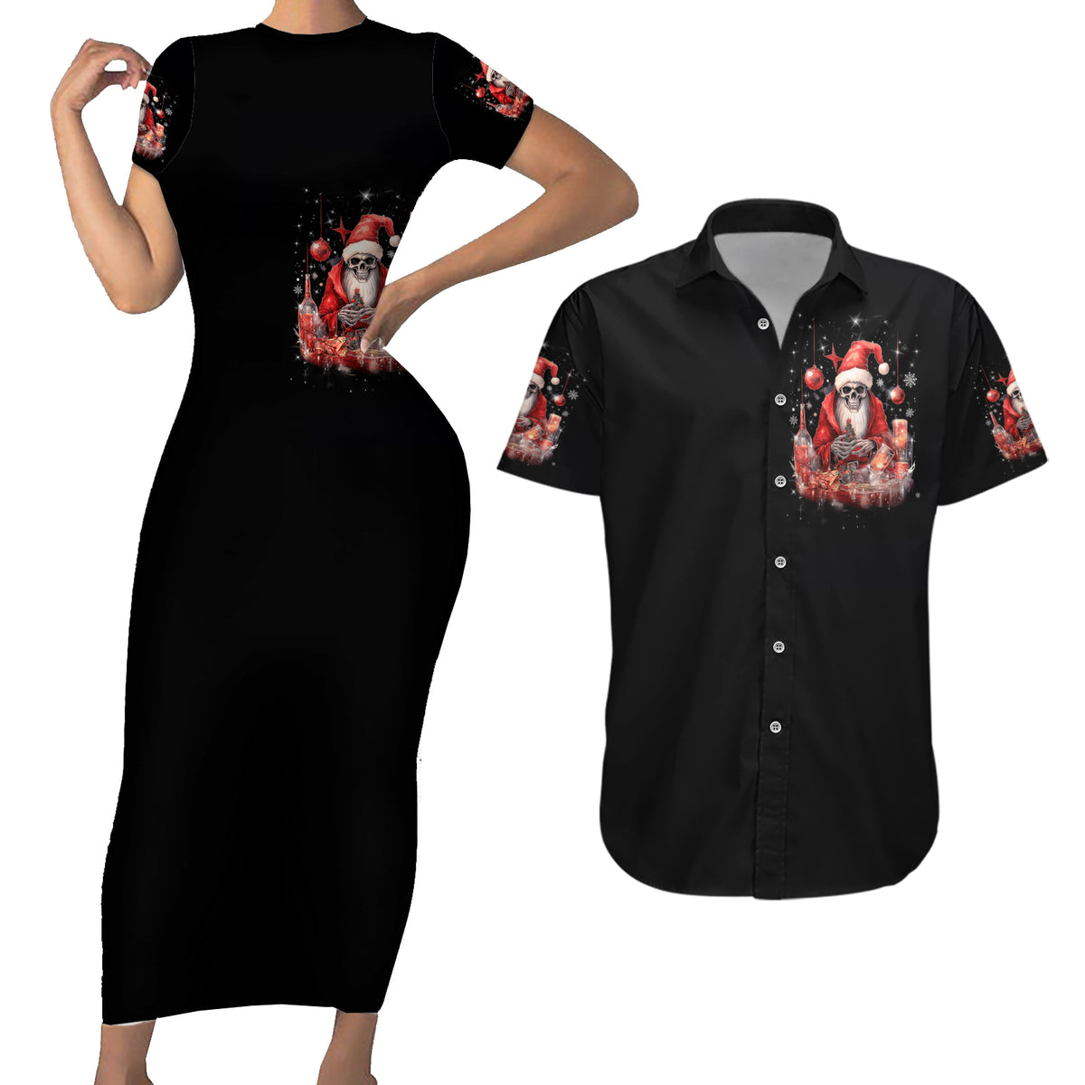 Skull Santa Claus Couples Matching Short Sleeve Bodycon Dress and Hawaiian Shirt Every One Has A Dark Side Difference Is The Degree Of Darkness - Wonder Print Shop