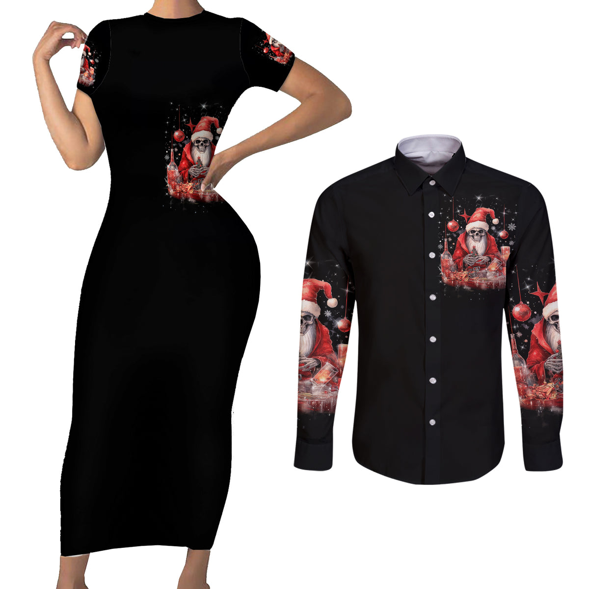 Skull Santa Claus Couples Matching Short Sleeve Bodycon Dress and Long Sleeve Button Shirt Every One Has A Dark Side Difference Is The Degree Of Darkness - Wonder Print Shop