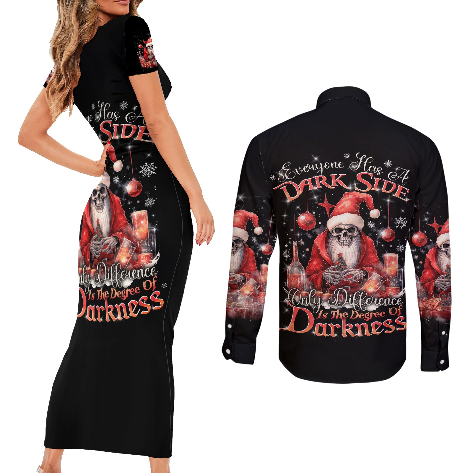 Skull Santa Claus Couples Matching Short Sleeve Bodycon Dress and Long Sleeve Button Shirt Every One Has A Dark Side Difference Is The Degree Of Darkness - Wonder Print Shop
