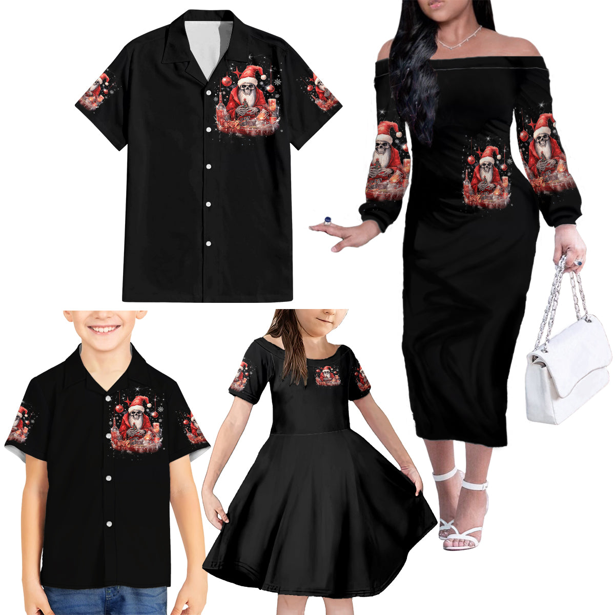 Skull Santa Claus Family Matching Off Shoulder Long Sleeve Dress and Hawaiian Shirt Every One Has A Dark Side Difference Is The Degree Of Darkness - Wonder Print Shop