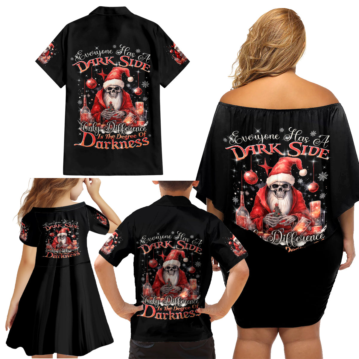 Skull Santa Claus Family Matching Off Shoulder Short Dress and Hawaiian Shirt Every One Has A Dark Side Difference Is The Degree Of Darkness - Wonder Print Shop
