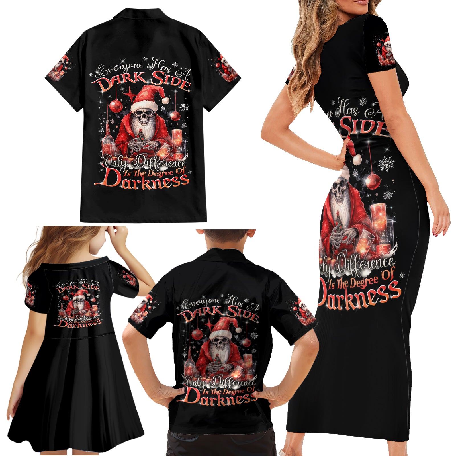 Skull Santa Claus Family Matching Short Sleeve Bodycon Dress and Hawaiian Shirt Every One Has A Dark Side Difference Is The Degree Of Darkness - Wonder Print Shop