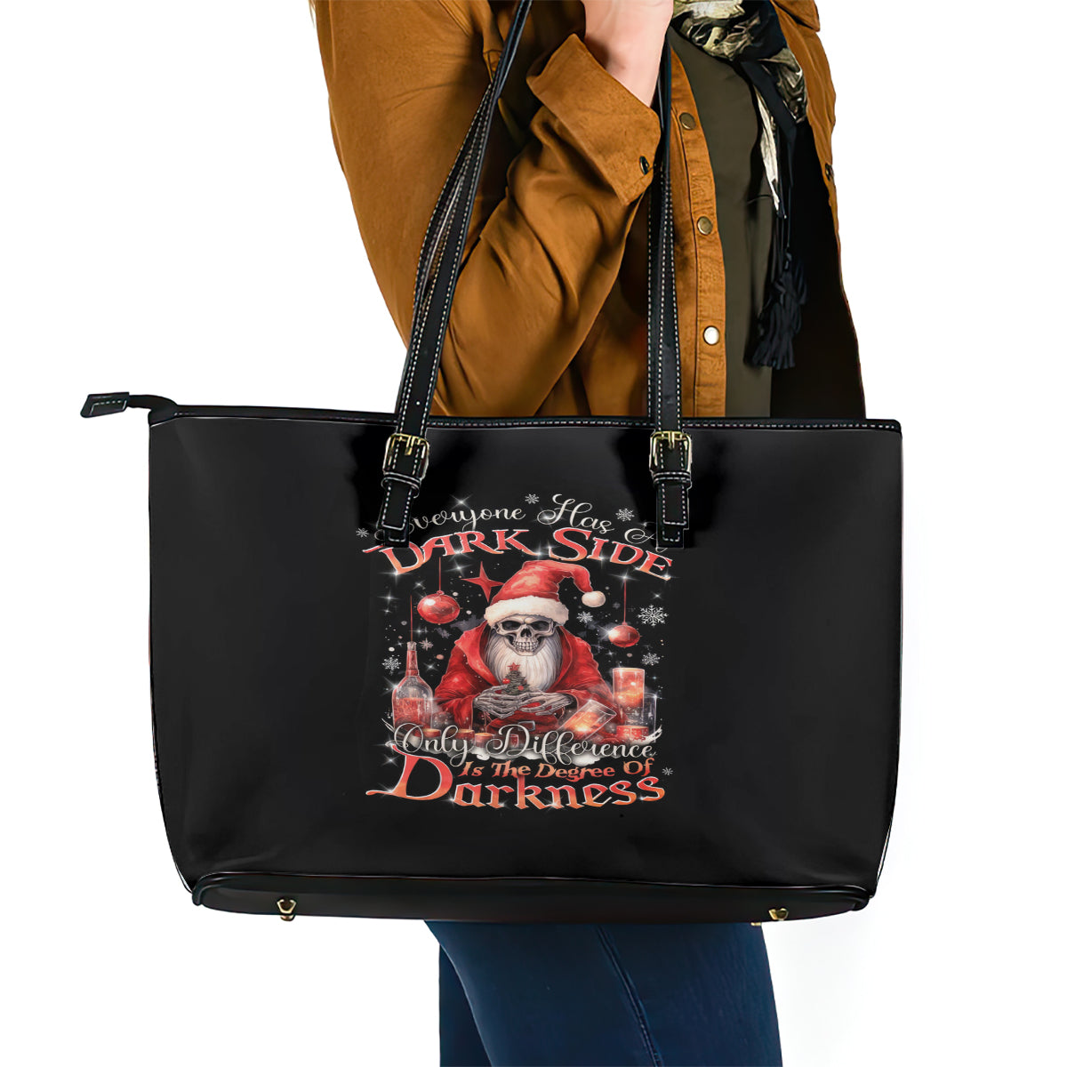 Skull Santa Claus Leather Tote Bag Every One Has A Dark Side Difference Is The Degree Of Darkness - Wonder Print Shop