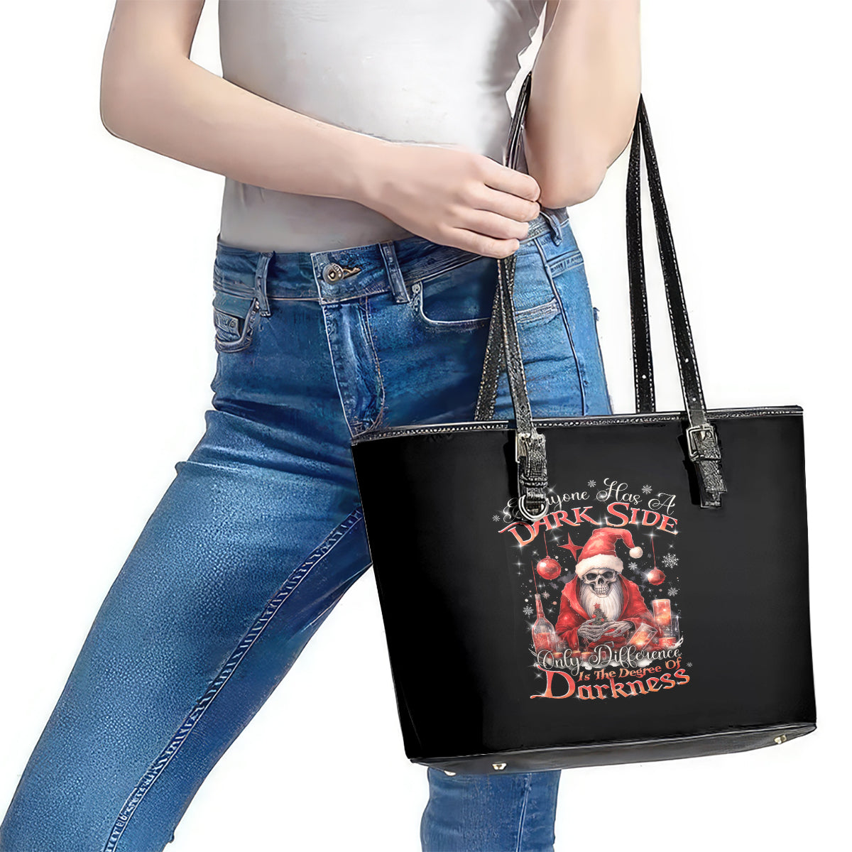Skull Santa Claus Leather Tote Bag Every One Has A Dark Side Difference Is The Degree Of Darkness - Wonder Print Shop