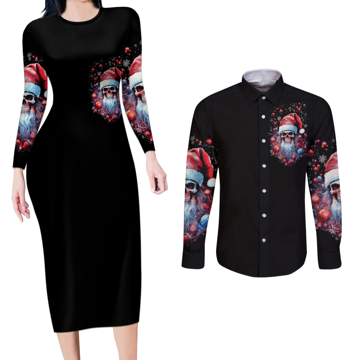 Skull Santa Claus Couples Matching Long Sleeve Bodycon Dress and Long Sleeve Button Shirt Santa Claus Is Coming To Town - Wonder Print Shop
