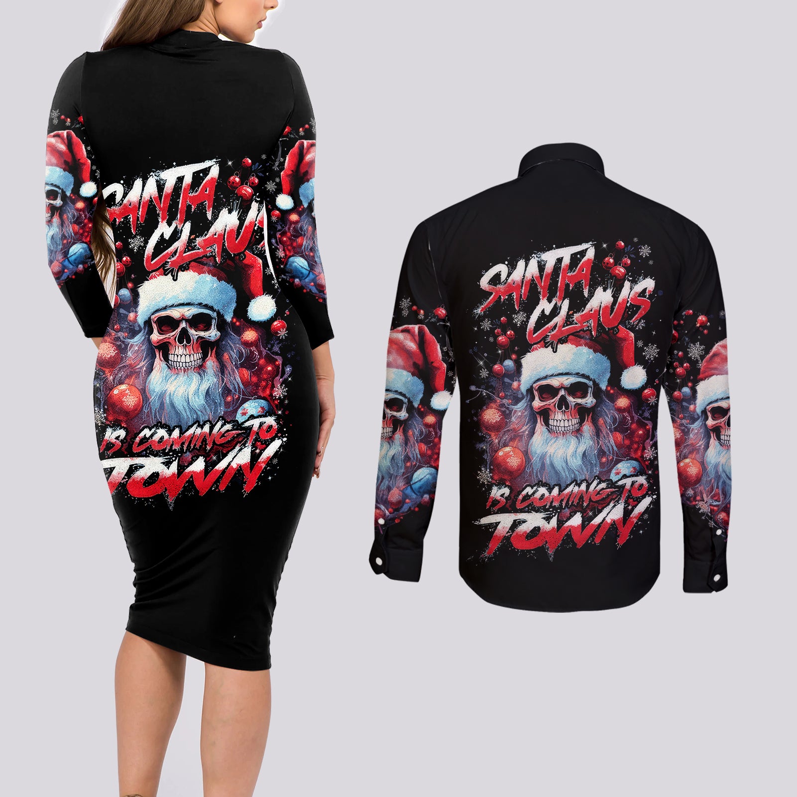 Skull Santa Claus Couples Matching Long Sleeve Bodycon Dress and Long Sleeve Button Shirt Santa Claus Is Coming To Town - Wonder Print Shop