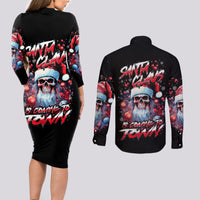 Skull Santa Claus Couples Matching Long Sleeve Bodycon Dress and Long Sleeve Button Shirt Santa Claus Is Coming To Town - Wonder Print Shop