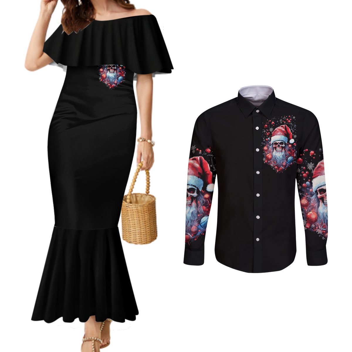 skull-santa-claus-couples-matching-mermaid-dress-and-long-sleeve-button-shirt-santa-claus-is-coming-to-town