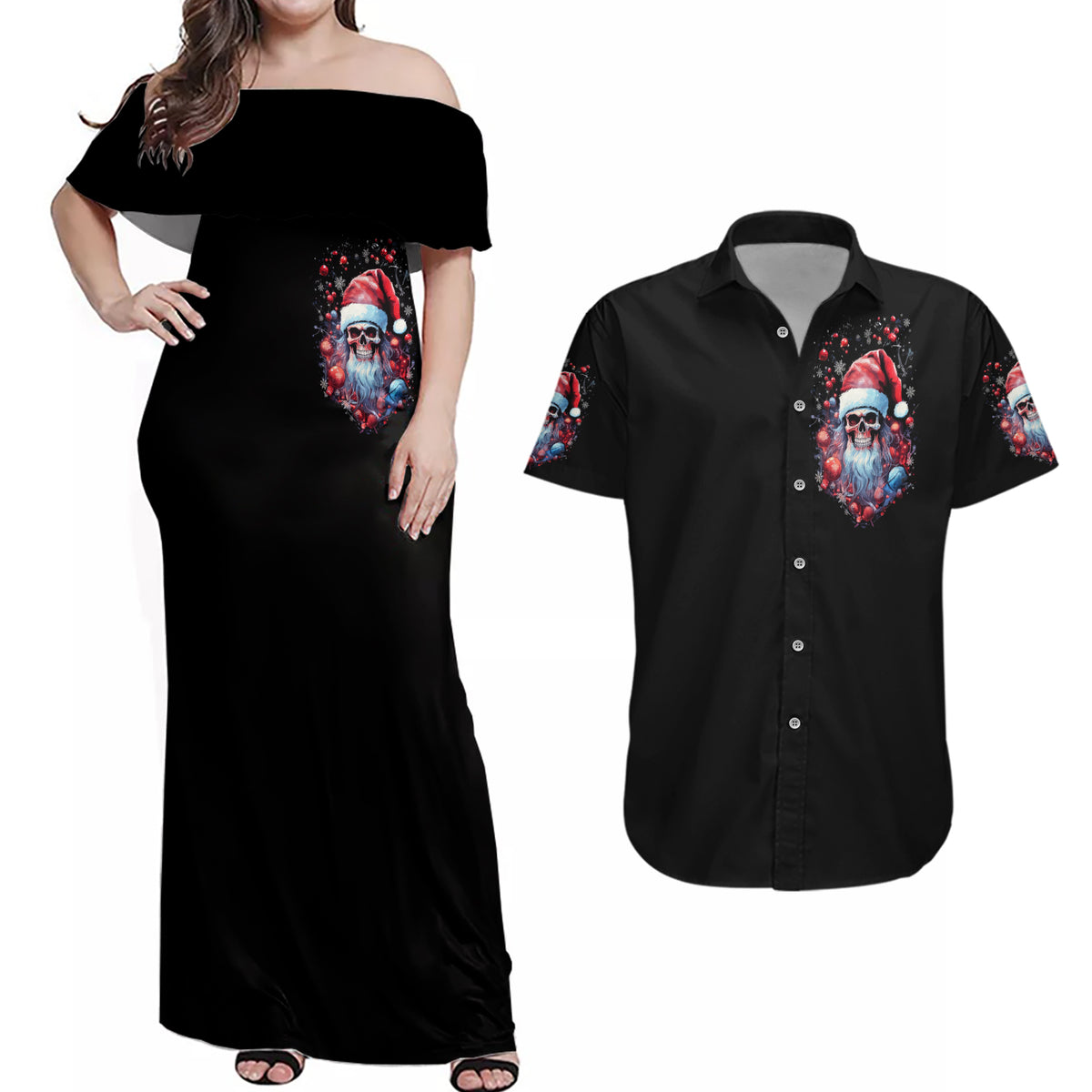 Skull Santa Claus Couples Matching Off Shoulder Maxi Dress and Hawaiian Shirt Santa Claus Is Coming To Town - Wonder Print Shop