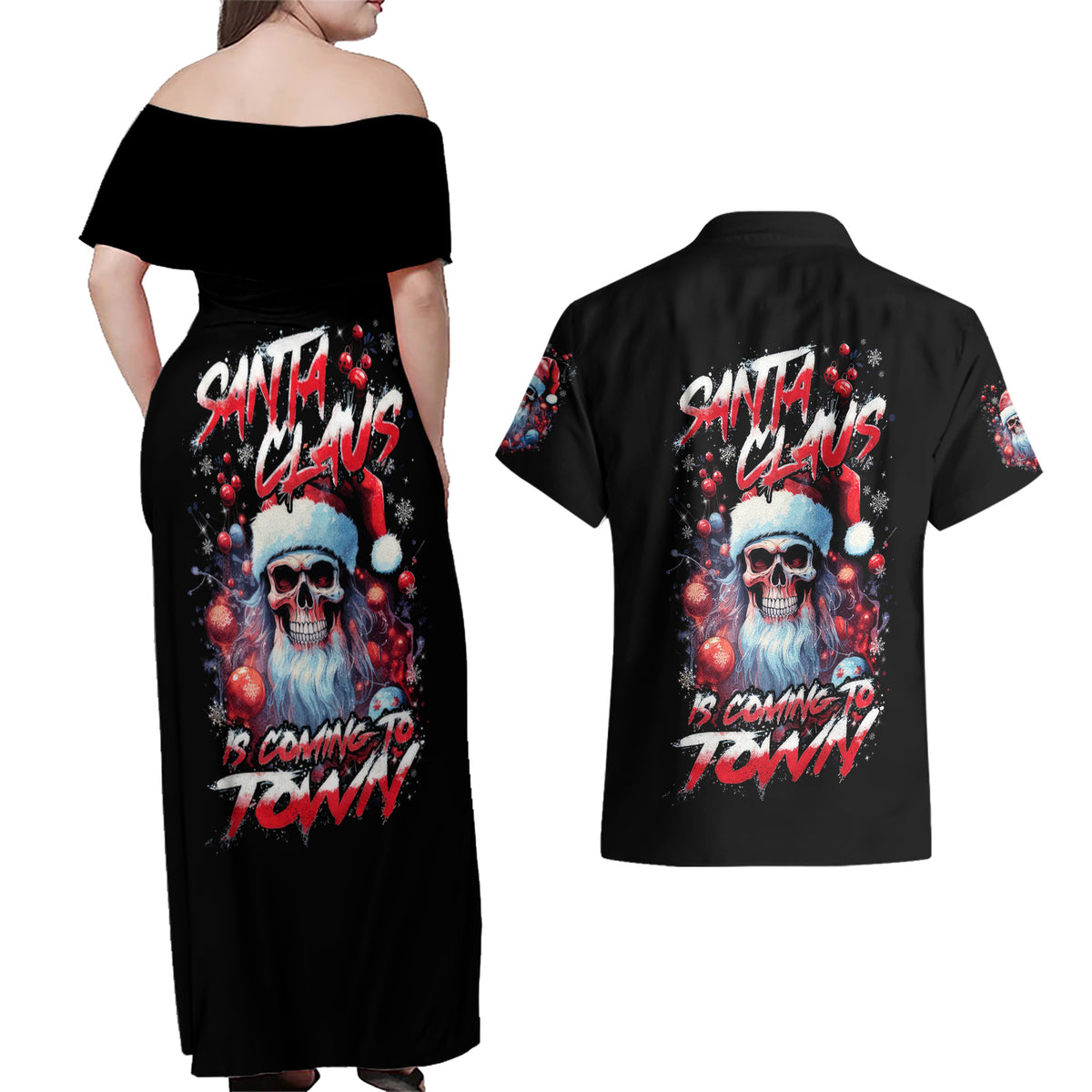 Skull Santa Claus Couples Matching Off Shoulder Maxi Dress and Hawaiian Shirt Santa Claus Is Coming To Town - Wonder Print Shop